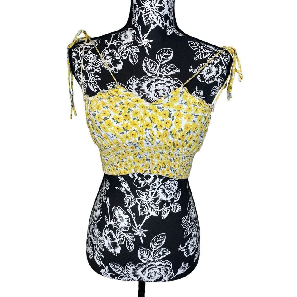 O Vianca Yellow Floral Smocked Crop Top Coquette Cottagecore Tie Strap Fairy